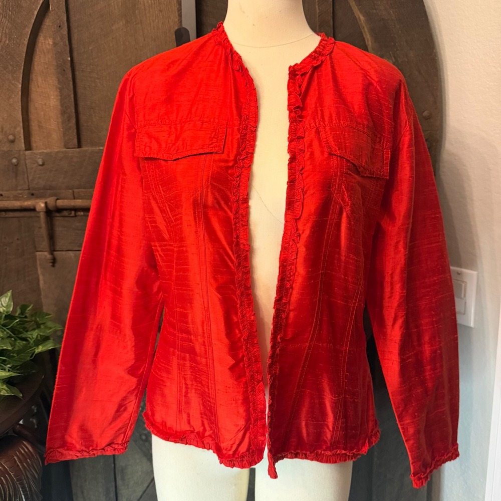 Chico's Ruffle Trim Silk Jacket Size 1 Red Textured Lightweight Blazer
